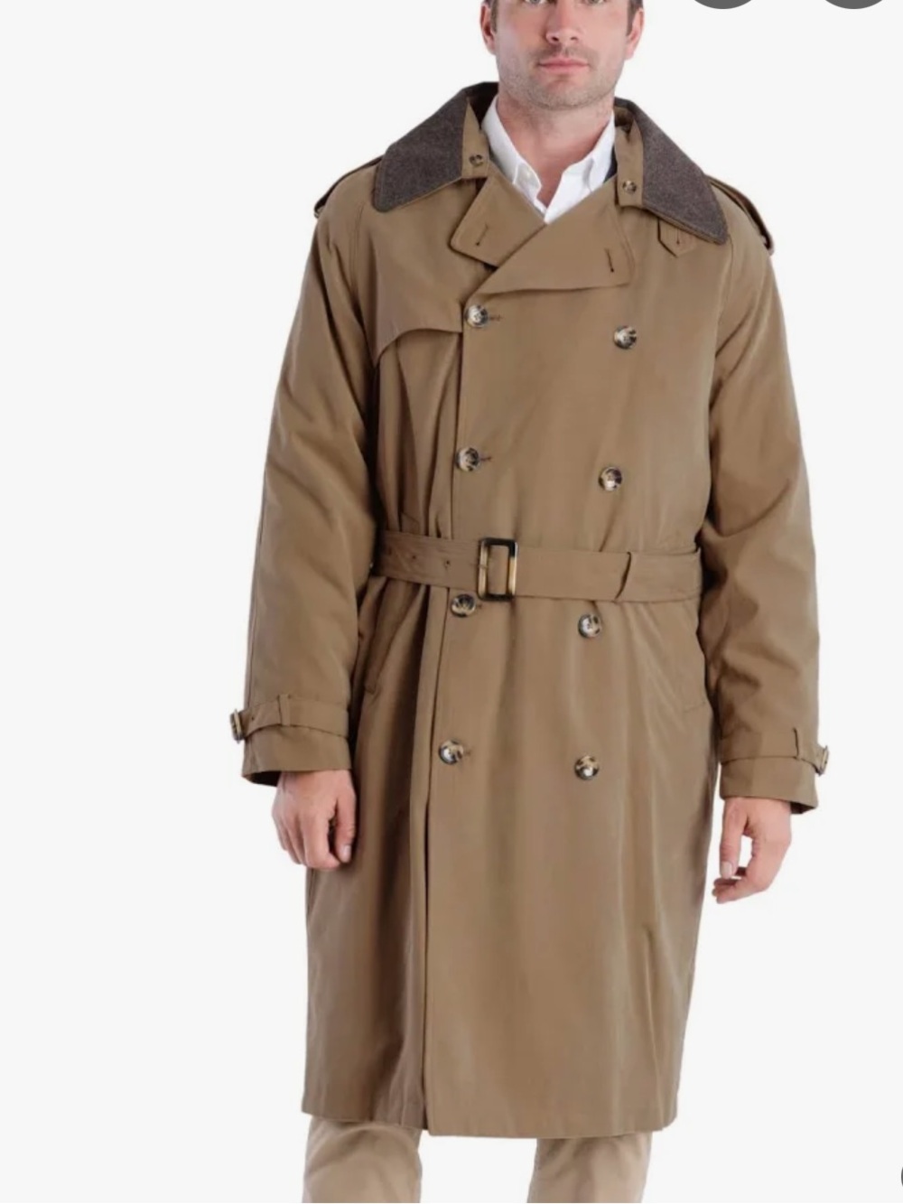 London Fog Men's Tan Trench Coat with Dark Brown Collar